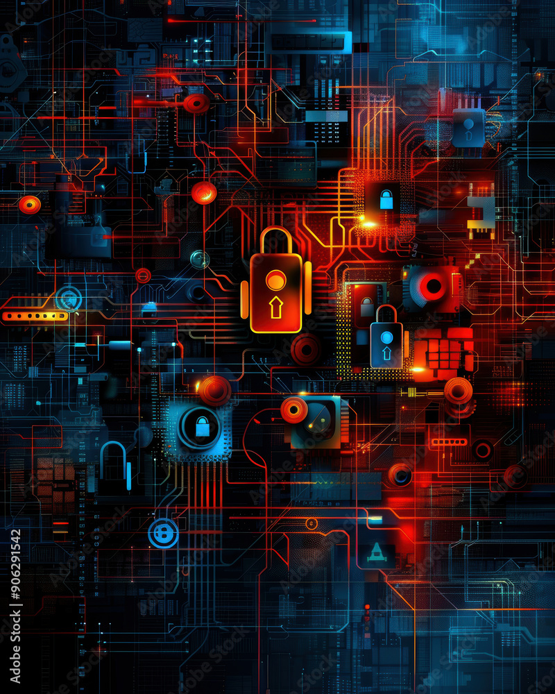 Poster a colorful image of a computer chip with a red lock on it. the lock is surrounded by other symbols a