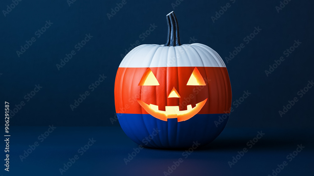 Poster Russian flag-themed Halloween pumpkin, white, blue, and red, glowing eyes and mouth, isolated on a dark background 