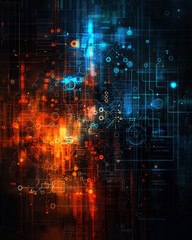Obraz premium A colorful, abstract image of a cityscape with a blue and orange background. The blue and orange colors create a sense of contrast and energy, while the many dots
