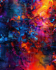 A colorful abstract painting with a lot of different shapes and colors. The painting is full of energy and movement, with the colors blending and overlapping in a way that creates a sense of depth