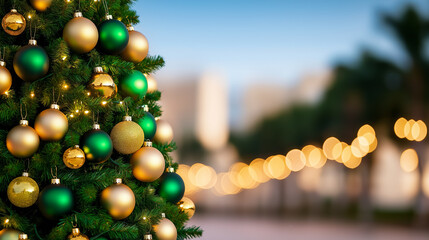 Naklejka premium Wide-angle shot of a Christmas tree adorned with green and gold ornaments representing Brazil, twinkling lights in the background 