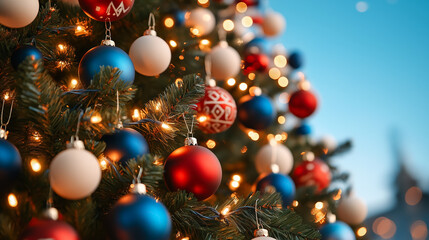 Wide-angle shot of a Christmas tree decorated with red, white, and blue ornaments representing Russia, illuminated by warm fairy lights 