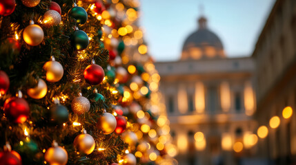 Wide-angle shot of a Christmas tree decorated with red, white, and green ornaments representing Italy, glowing with festive lights 