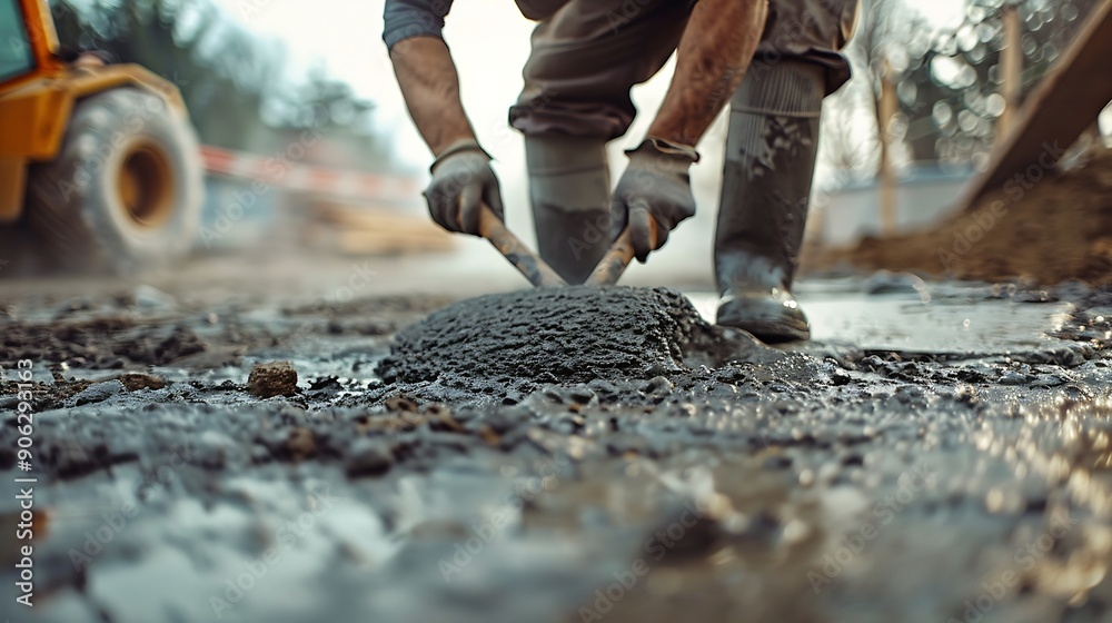 Poster Man working on smoothing concrete driveway for the new home build at construction site Architecture and exterior structure base progress safety foundation pavement ground Real estate i : Generative AI