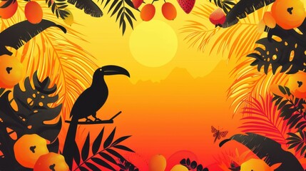 Chinese minimalism illustration, silhouette portrait of a toucan, flat illustration bright orange background, surrounded by tropical fruit trees, rainforest setting,  copy space