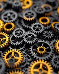 A close up of many gears, some of which are gold and black. Concept of complexity and intricacy, as the gears are arranged in a way that creates a visually interesting pattern