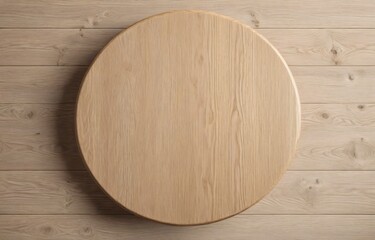 Top view of a round wooden is on a light wooden table for product display