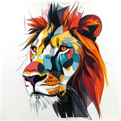 Cubist Drawing of a Lion with Geometric Shapes and Colors