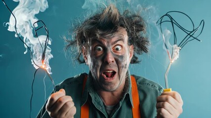 Shocked man with smoking wires demonstrating a DIY electrical mishap