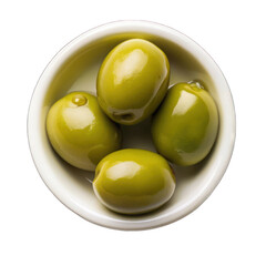 Green olives on white bowl top view isolated on transparent background