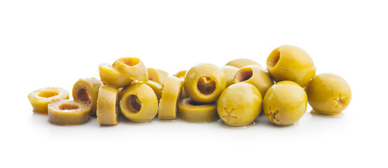 Sliced pickled green olives in brine isolated on white background.