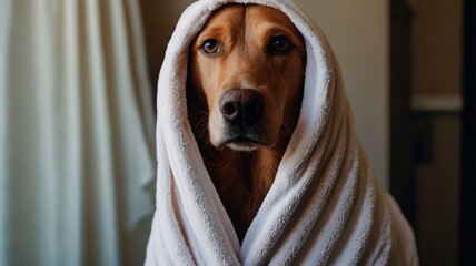 dog in a towel after shower