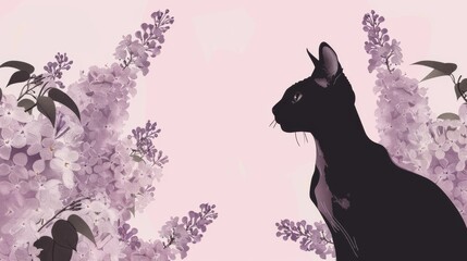 Chinese minimalism illustration, silhouette portrait of a Cornish Rex cat, flat illustration Chinese figure illustration on dusty rose background, surrounded by lilacs, empty copy space on one side. 