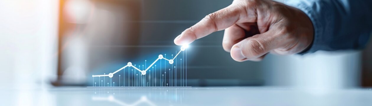A close-up of a hand pointing to a graph illustrating mutual fund growth over time, emphasizing long-term investment benefits with clear copy space for additional information.