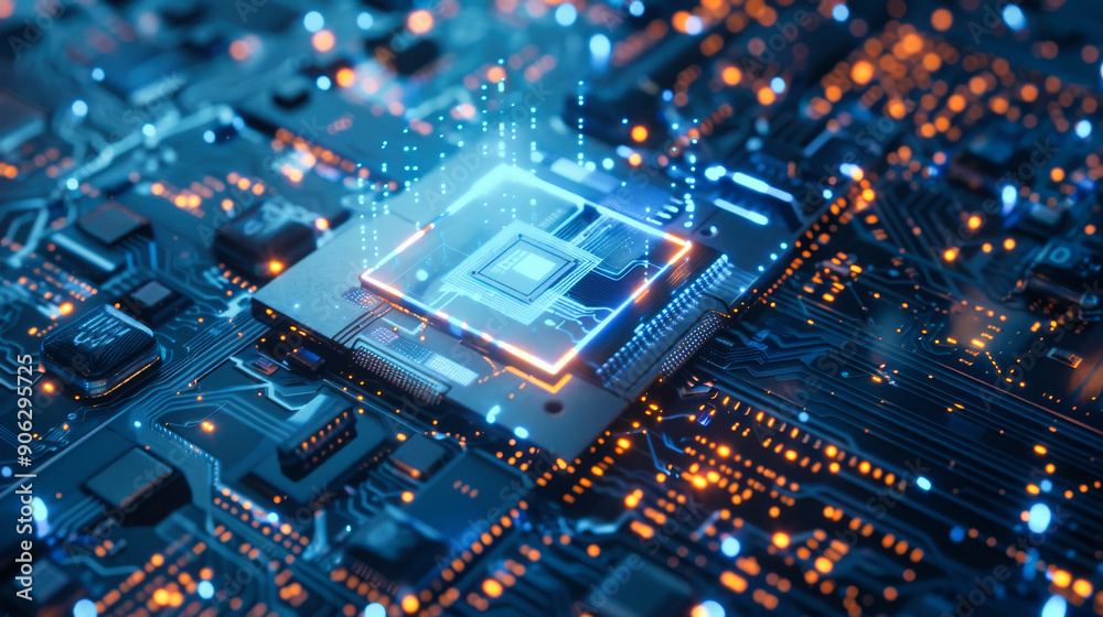 Poster close up of an advanced microchip with data flowing through it