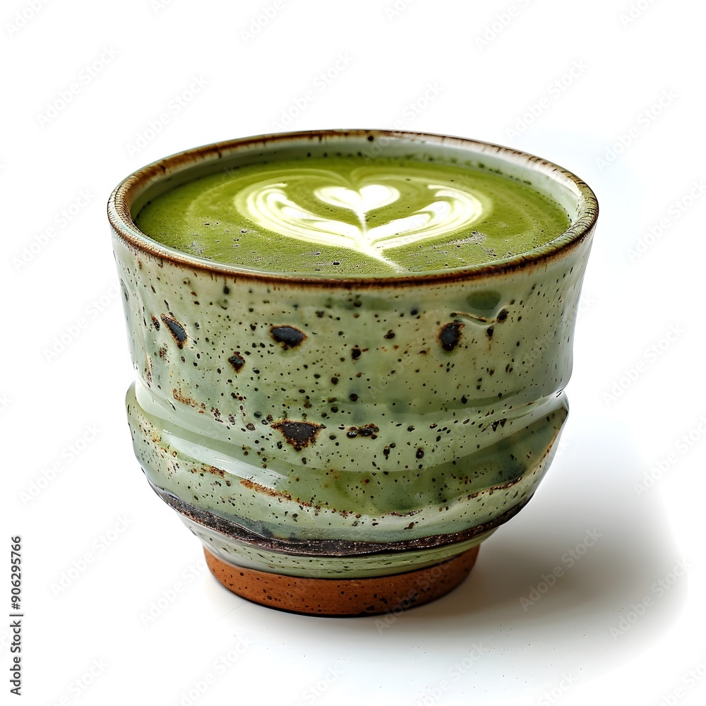 Canvas Prints Vibrant Matcha Latte with Beautiful Green Foam Art in Unique Ceramic Cup on White Background