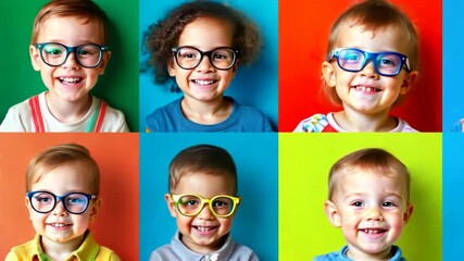 Collage of diverse smiling children wearing colorful glasses on a vibrant background - Powered by Adobe