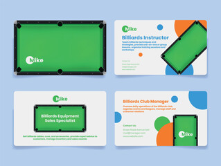 Creative billiards instructor business card showcasing unique design and contact information in a vibrant style