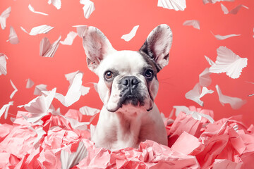 A dog is surrounded by pink paper confetti