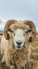 A fluffy sheep with impressive horns stands proudly in a lush meadow as the sun rises
