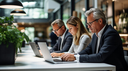 Team of businesspeople using a laptop in an office, photography.