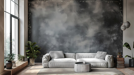 A modern living room with a large gray textured wall, a white sofa, a coffee table, a large window, and plants in pots. The room has a minimalist design.