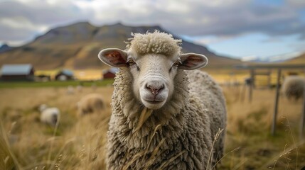 Obraz premium Sheep graze quietly in a sunlit field with mountains rising in the background