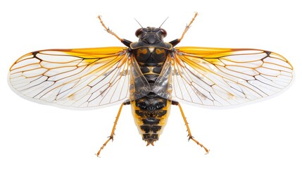 A detailed cicada with translucent wings spread wide, isolated on a white background, perfect for educational or promotional use with ample copy text space