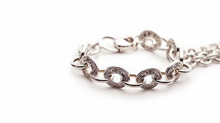 A polished silver bracelet adorned with intricate charms, isolated on a white background, perfect for jewelry advertisements with ample copy text space