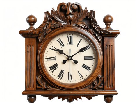 Antique wooden cuckoo clock with ornate designs, isolated on a clean background, providing plenty of room for advertising text or logos