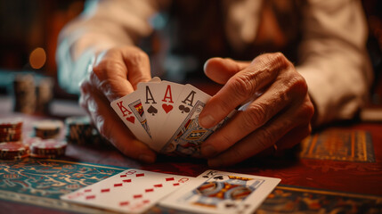 Intense Poker Game at a Dimly Lit Casino Table During Late Evening Hours