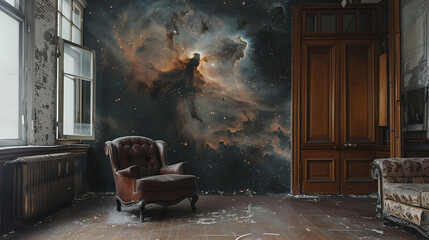 A leather armchair sits in a room with a stunning nebula-themed wallpaper, creating a captivating contrast between the earthly and the celestial. The worn wooden floor adds a touch of history and a se