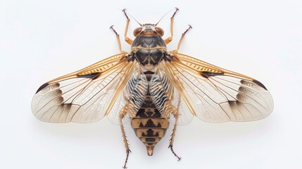 Cicada with wings open, displaying fine details and textures, isolated on a clean background with room for advertising text or branding