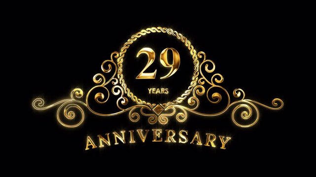 29th Anniversary Celebration. Happy 29 Years Anniversary Animation in Gold Color on the Transparent Background, Alpha Channel. Great for greetings, celebrations, events, and gifts.