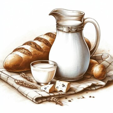 Still life with milk, hand drawing watercolor illustrations food, graphick illustrations, drink, white, food, bread,cheese, village, village food