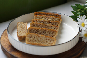 Slices of banana cake in a white plate