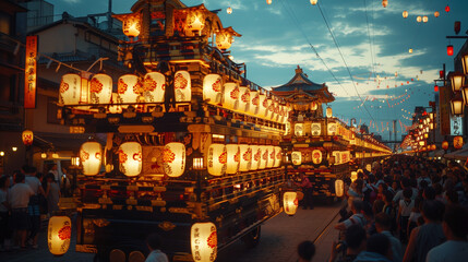 Fototapeta premium Colorful Lantern Festival Celebrating Tradition With Crowds in a Bustling Japanese Town at Dusk