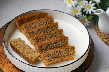 Slices of banana cake in a white plate