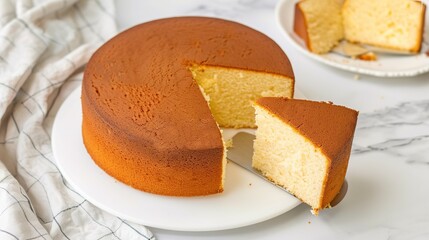  Semi-Top Down Shot of Sponge Cake on a White Plate with One Piece Turned Up