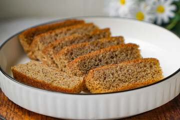 Slices of banana cake in a white plate