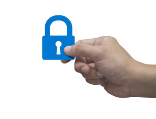 Hand holding padlock flat icon in fingers isolated on white background, Technology internet security and safety online concept