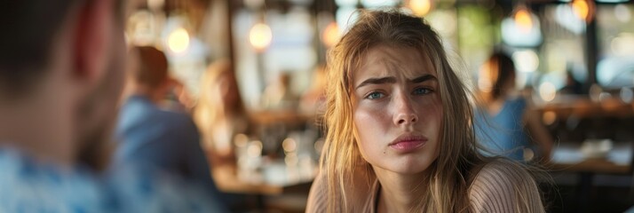 Girl looking bored while listening to a negative conversation from a friend or partner at a coastal cafe or hotel