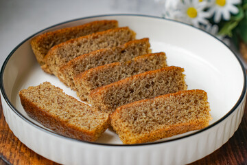 Slices of banana cake in a white plate