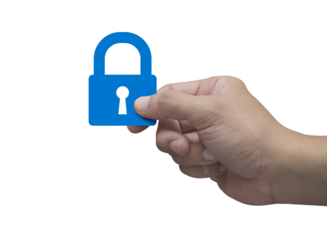 Hand holding padlock flat icon in fingers isolated on white background, Technology internet security and safety online concept