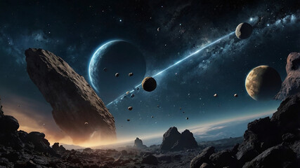 cinematographic take of celestial space and asteroids flying