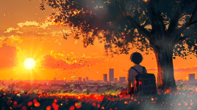 a student boy after school rest sitting under tree sunset video looping background 4k