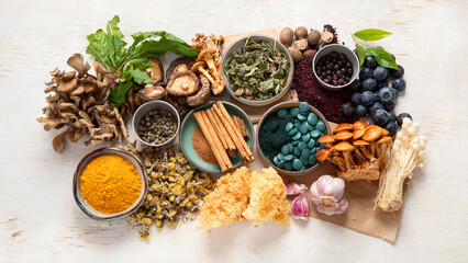 Adaptogen healthy food. Herb and spice collection on light background