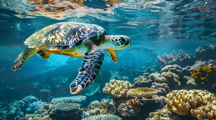 Fototapeta premium Hawksbill turtle - Eretmochelys imbricata swims underwater. Coral reef of the Indian Ocean