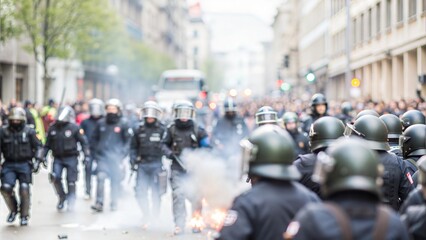 Obraz premium Intense street riot with police and demonstrators 