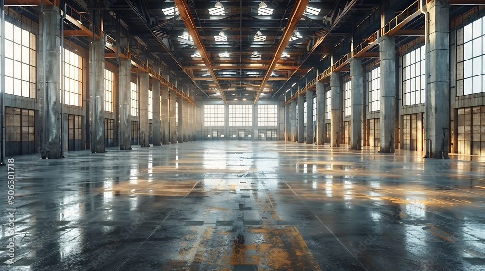 Poster clean and empty industrial hall in detail for supporting poles : generative ai
